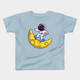 Astronaut Playing Skateboard On Moon Cartoon Kids T-Shirt